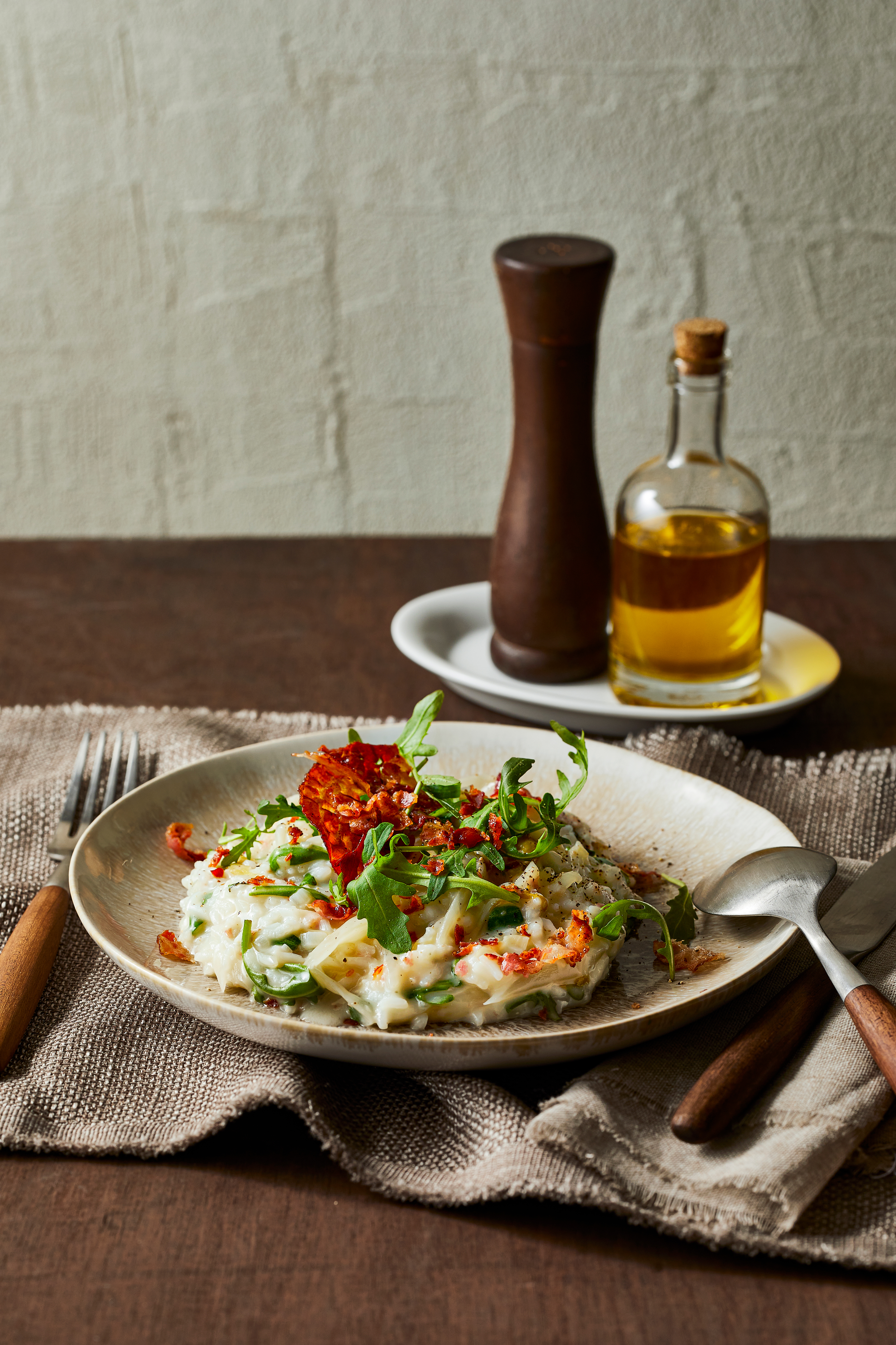 Risotto met pancetta, radicchio, rucola en gorgonzola