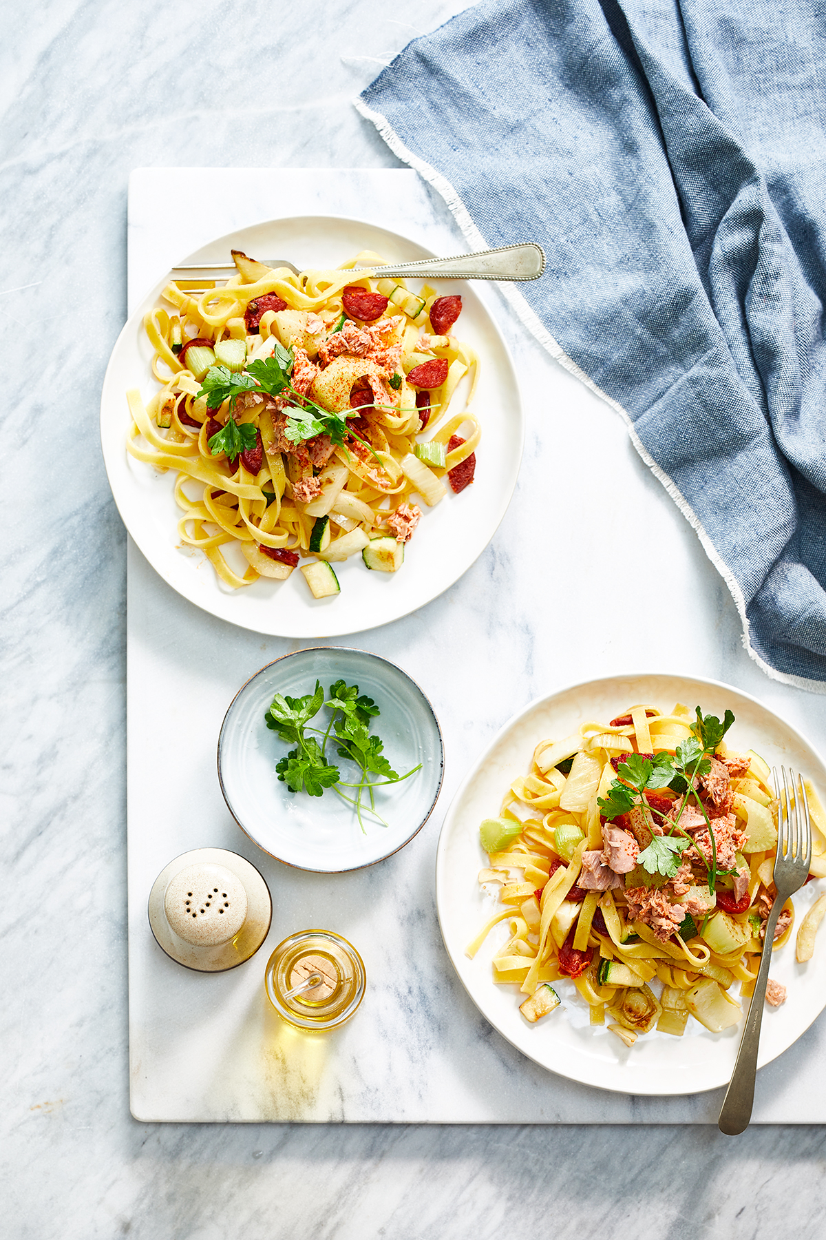 Tagliatelle met tonijn en chorizo