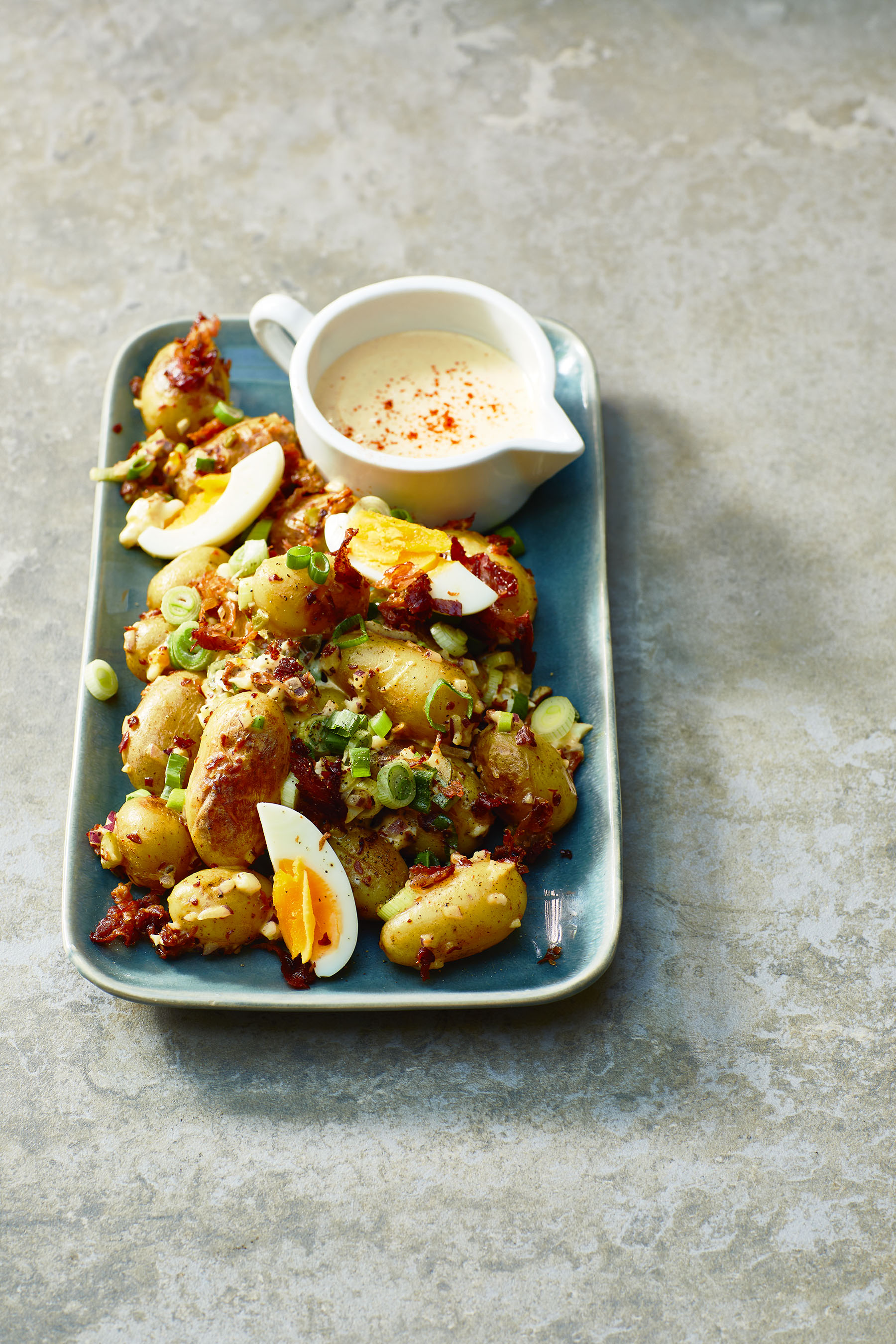 Krieltjessalade met bacon en mosterddressing