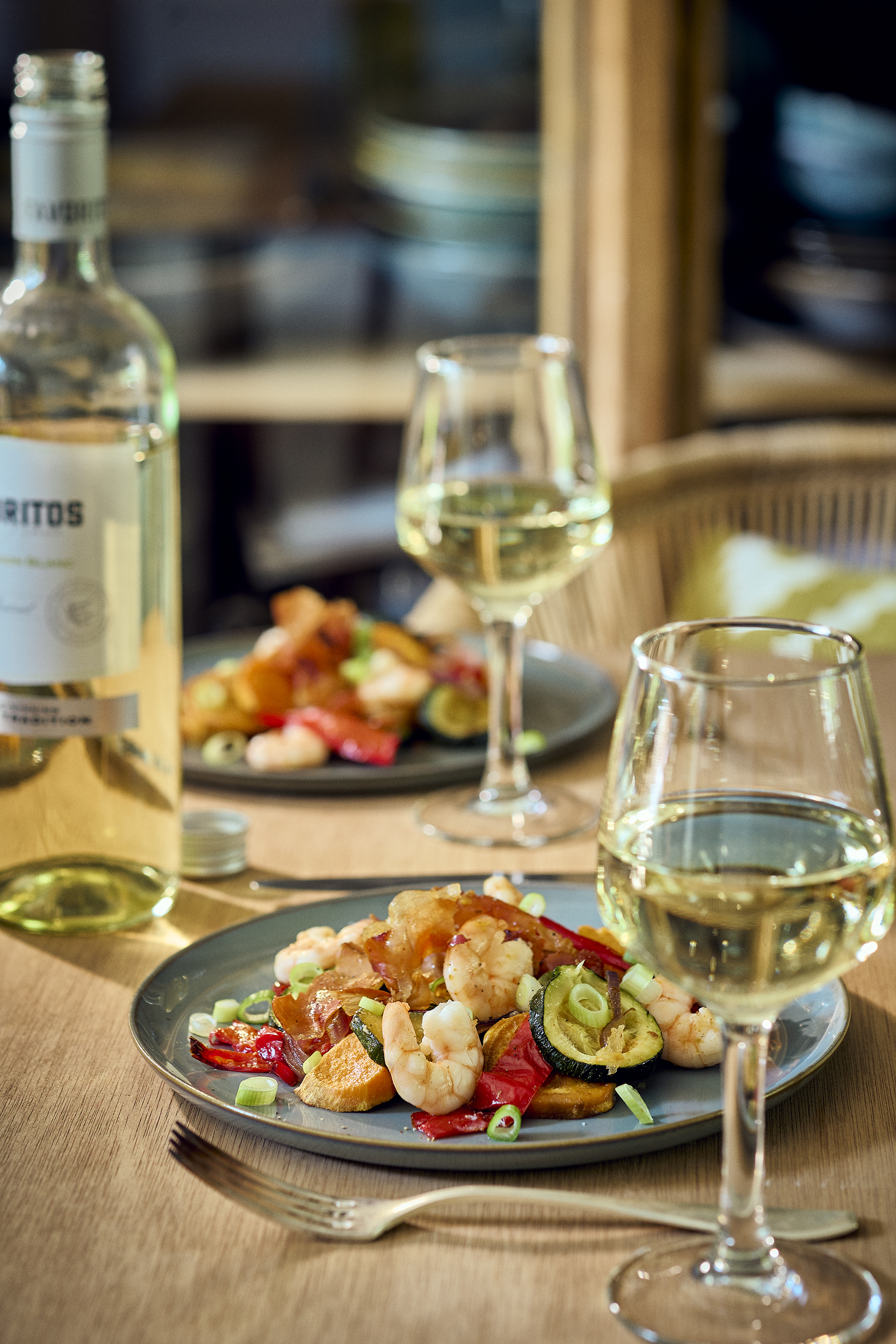 Garnalen met gemarineerde groenten en pancetta