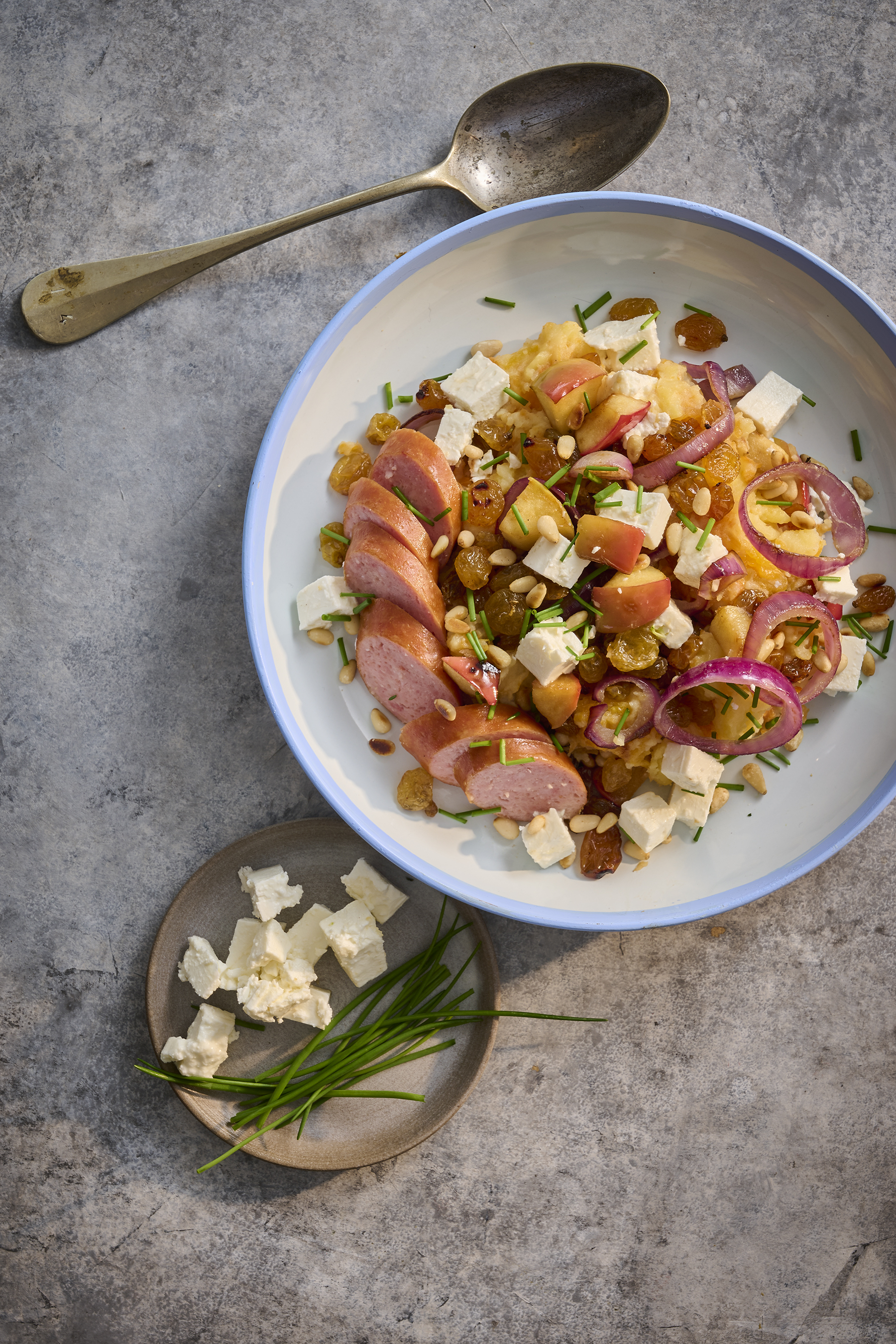 Pompoenstamppot met appel, rozijn en rookworst