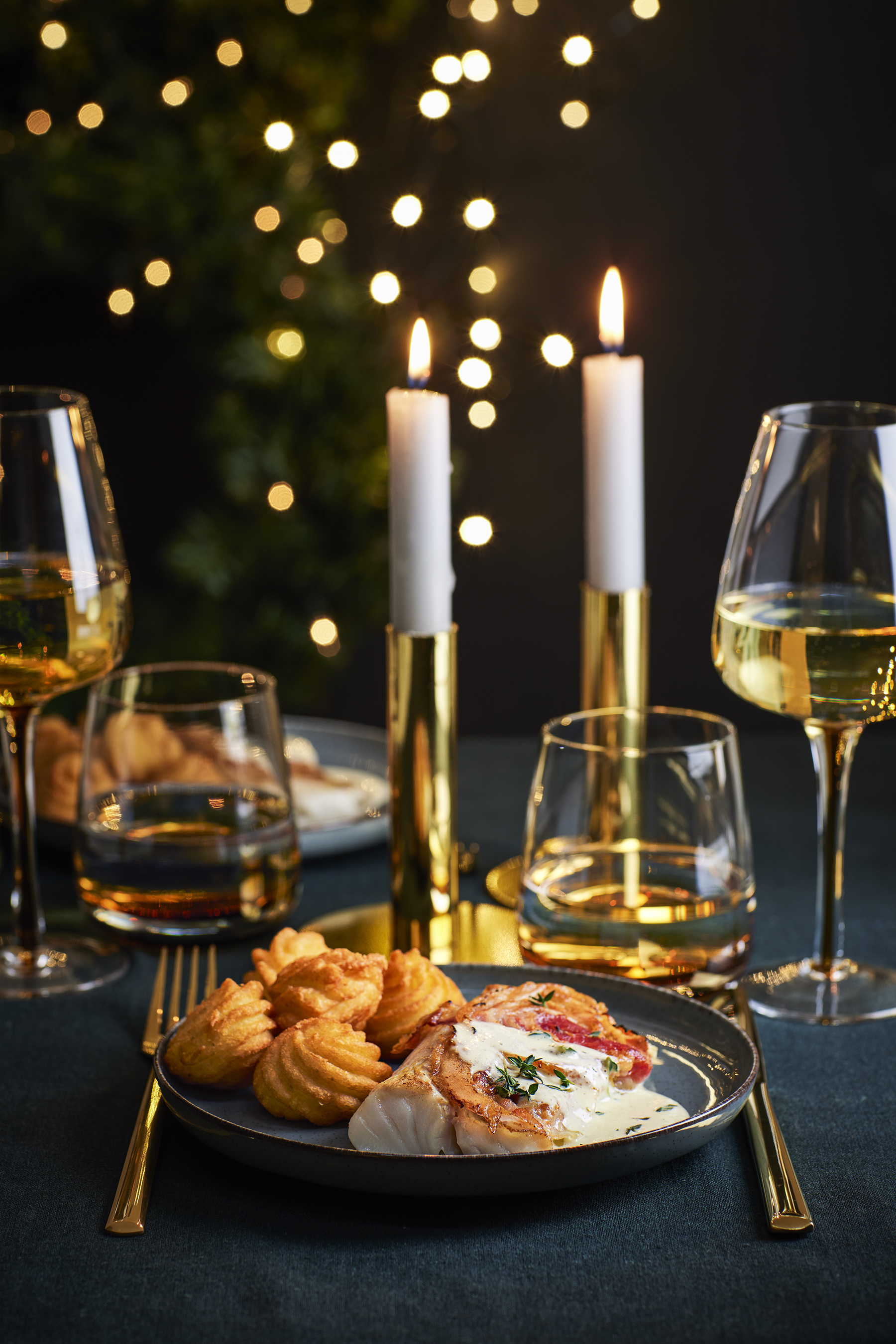 Kabeljauw met pancetta en romige mosterd-tijmsaus