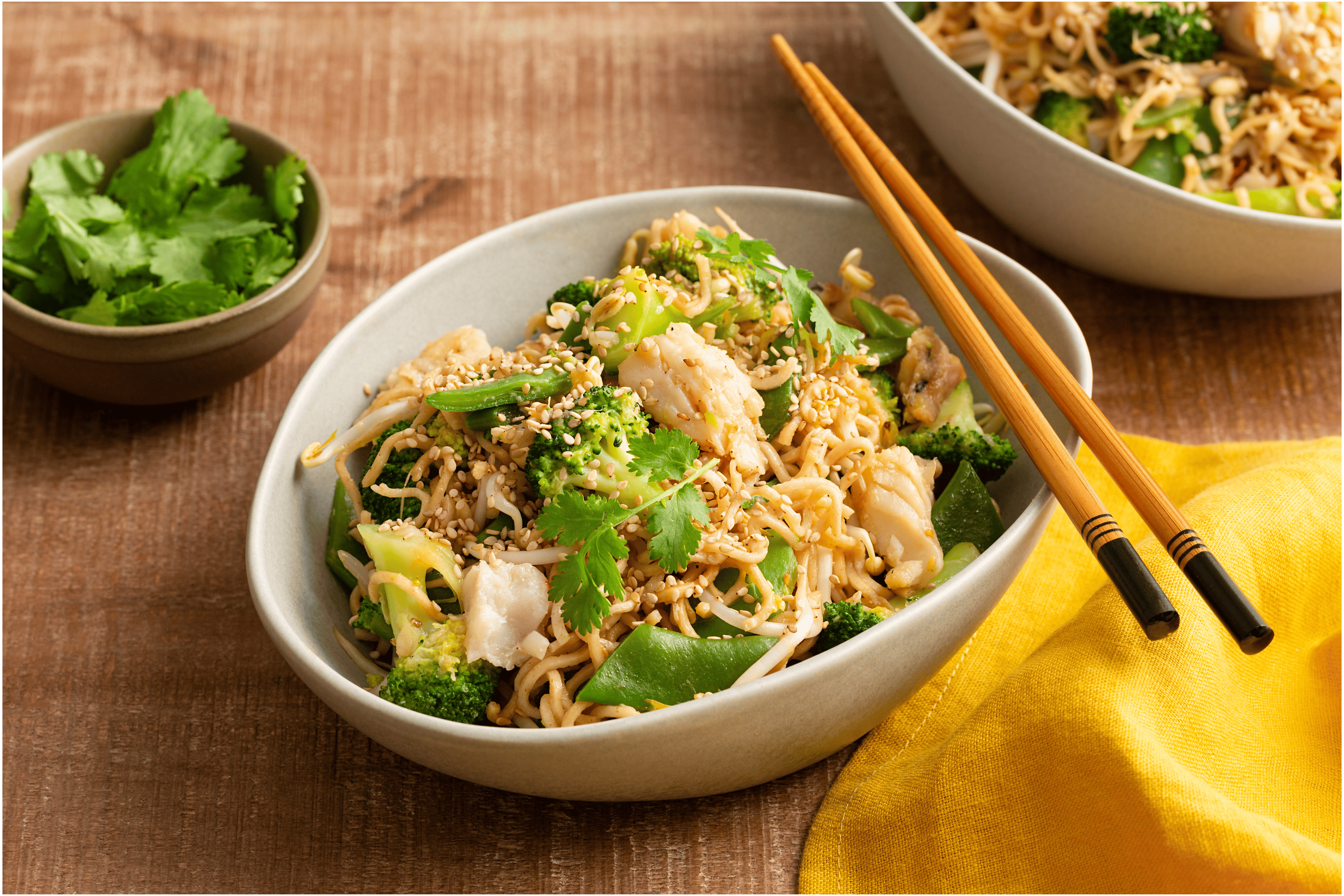 Noodles met snijbonen en koolvisfilet