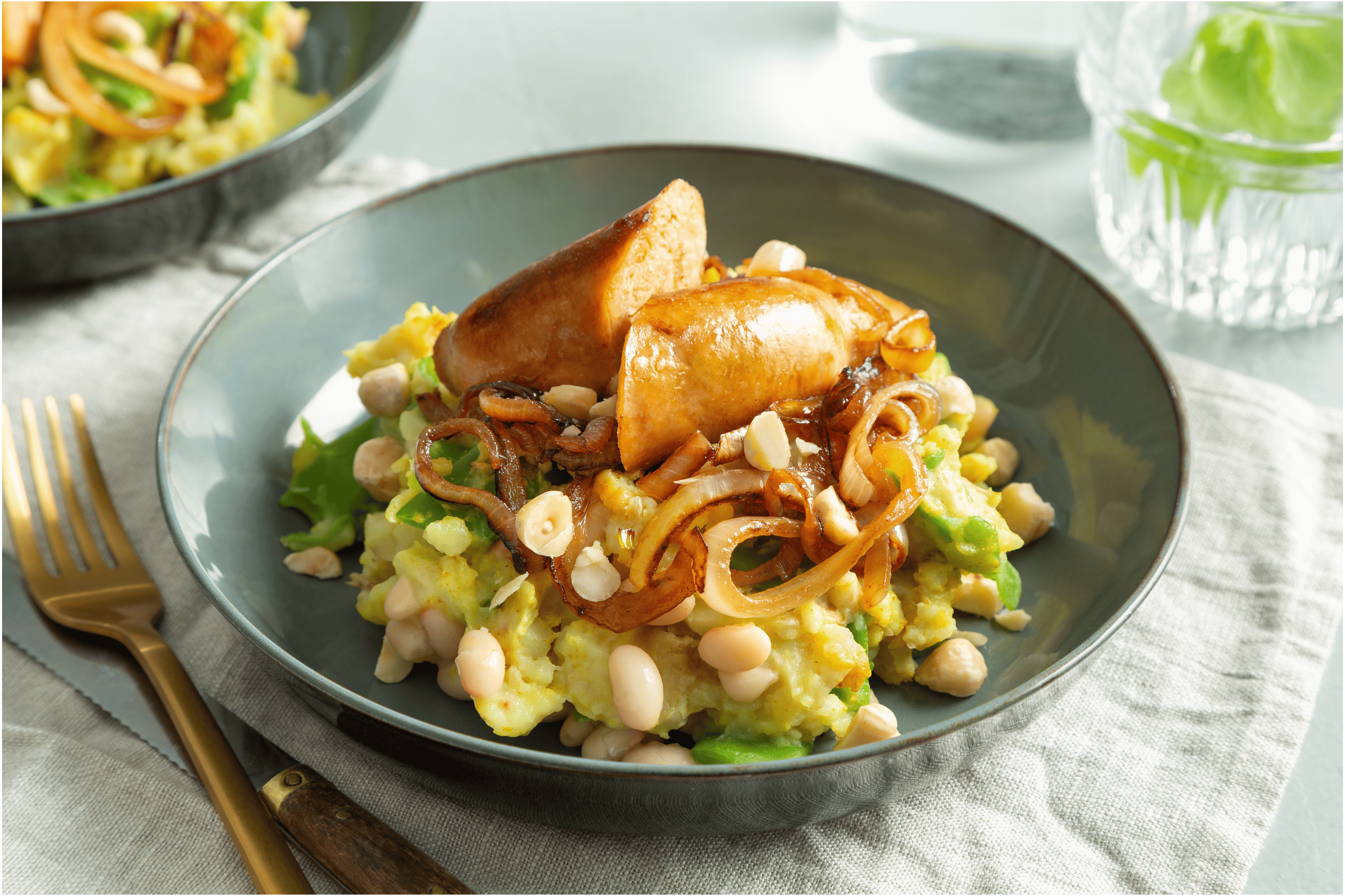 Grove lente stamppot met snijbonen en kipchipolata’s