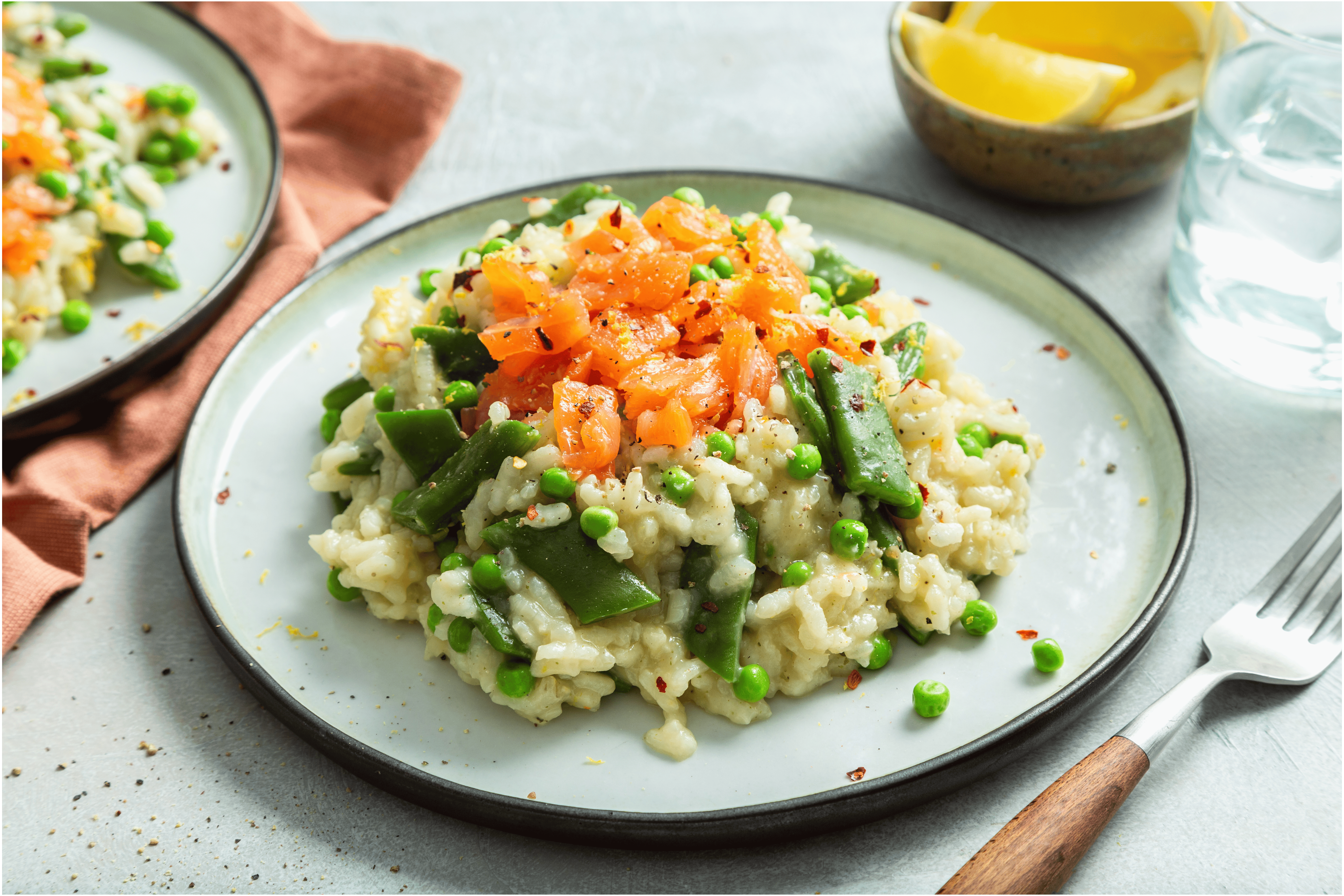 Lente risotto met snijbonen en zalm
