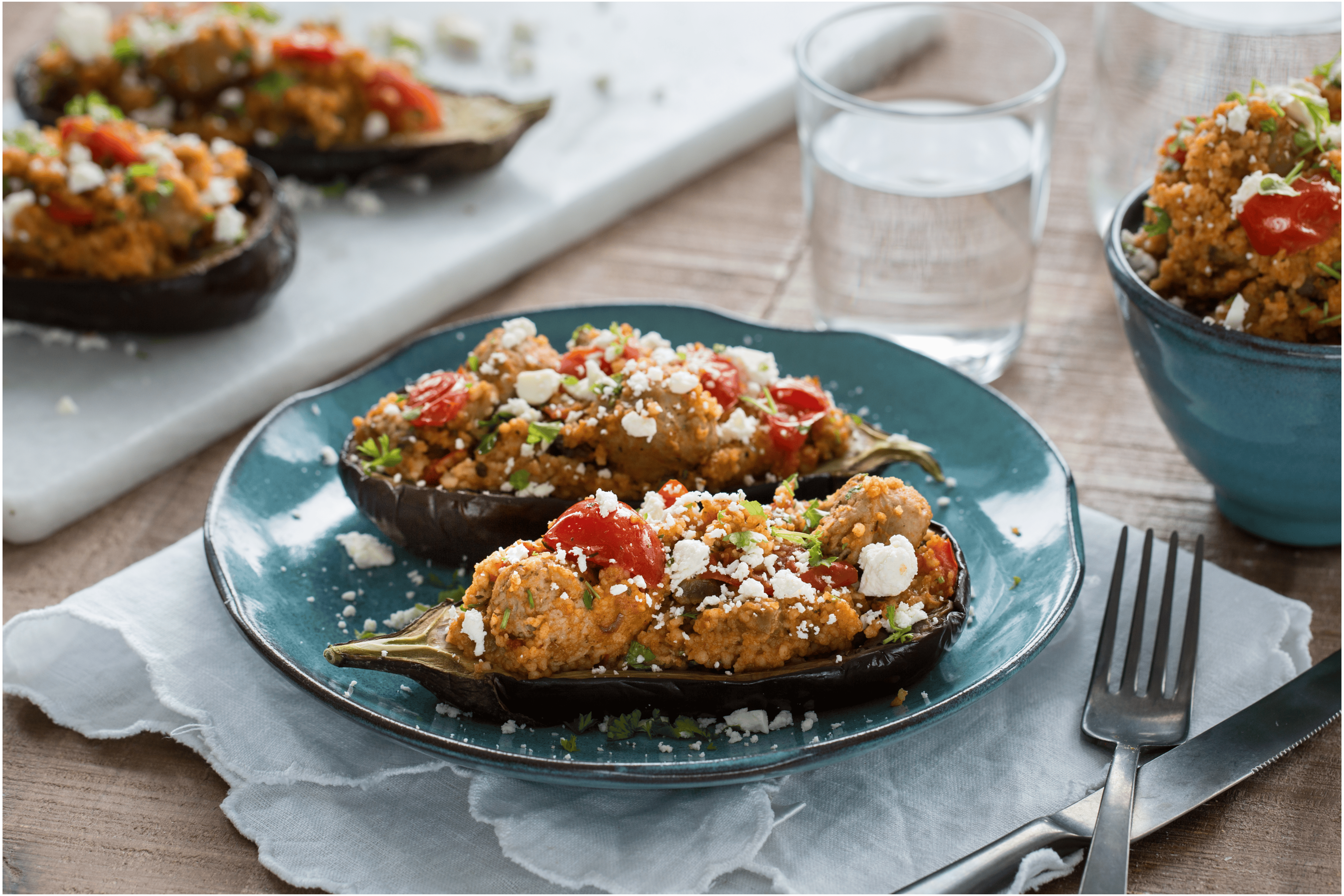 Gevulde aubergines met verse worst