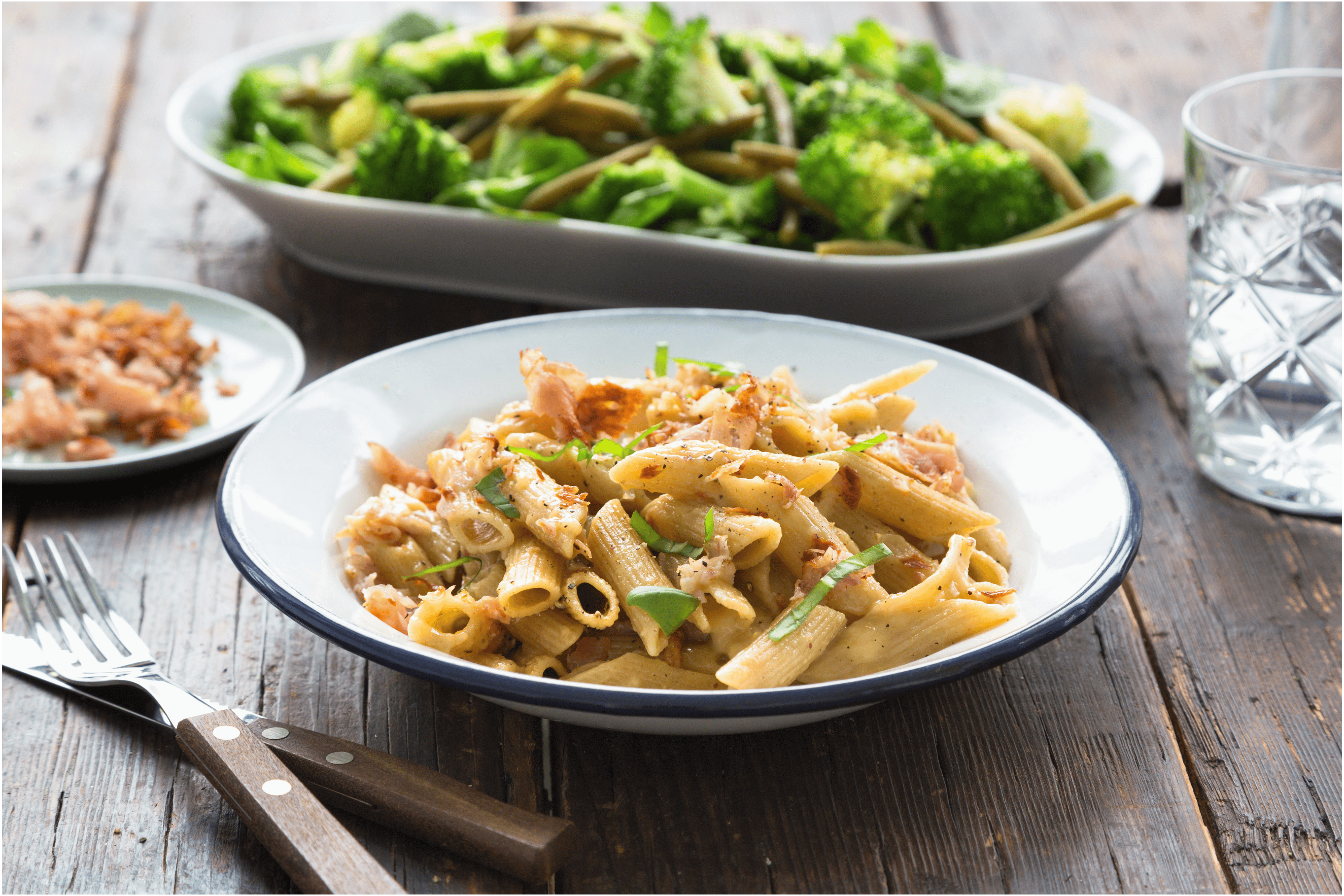 Penne carbonara met groene salade