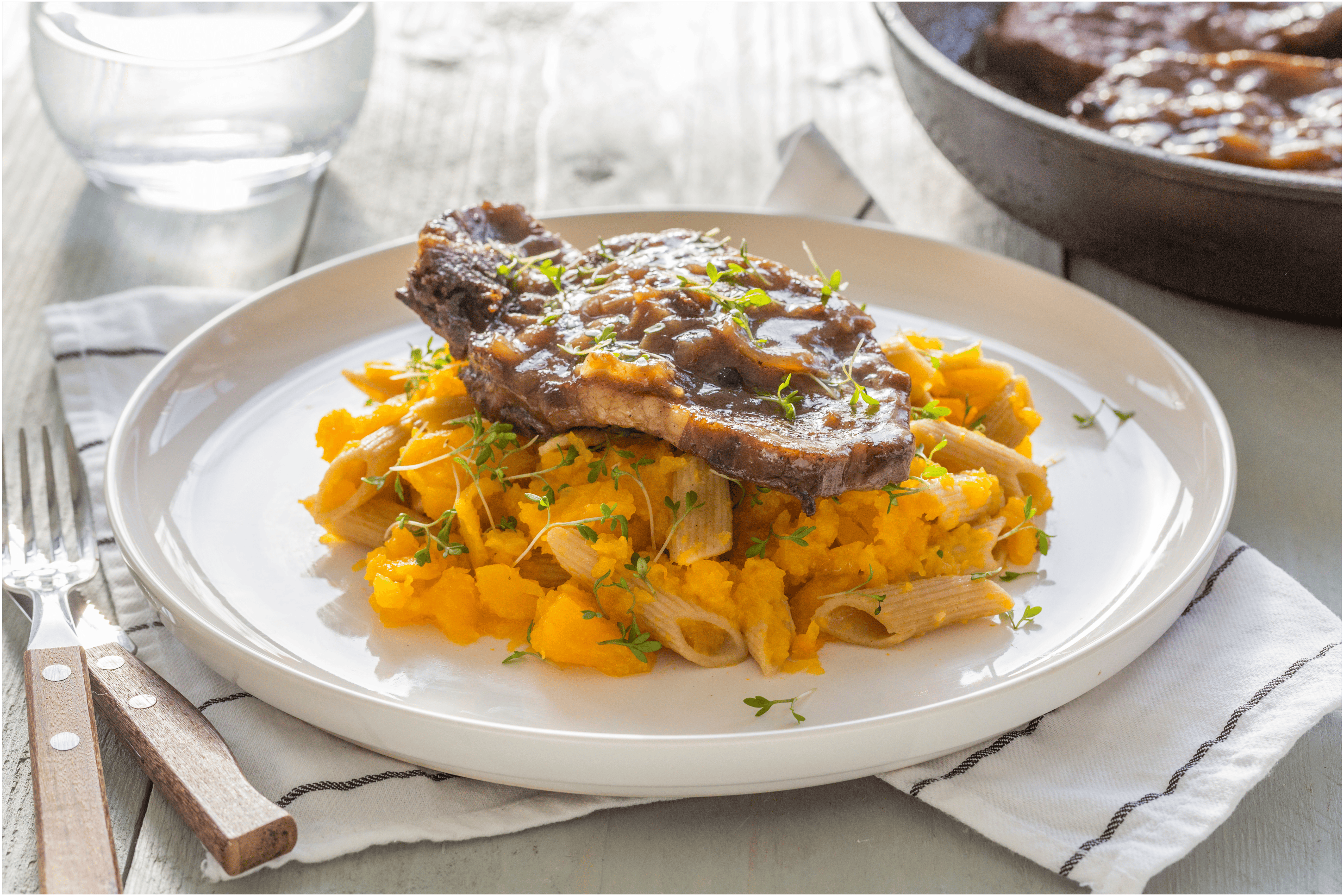 Karbonadestoof met penne in romige pompoensaus