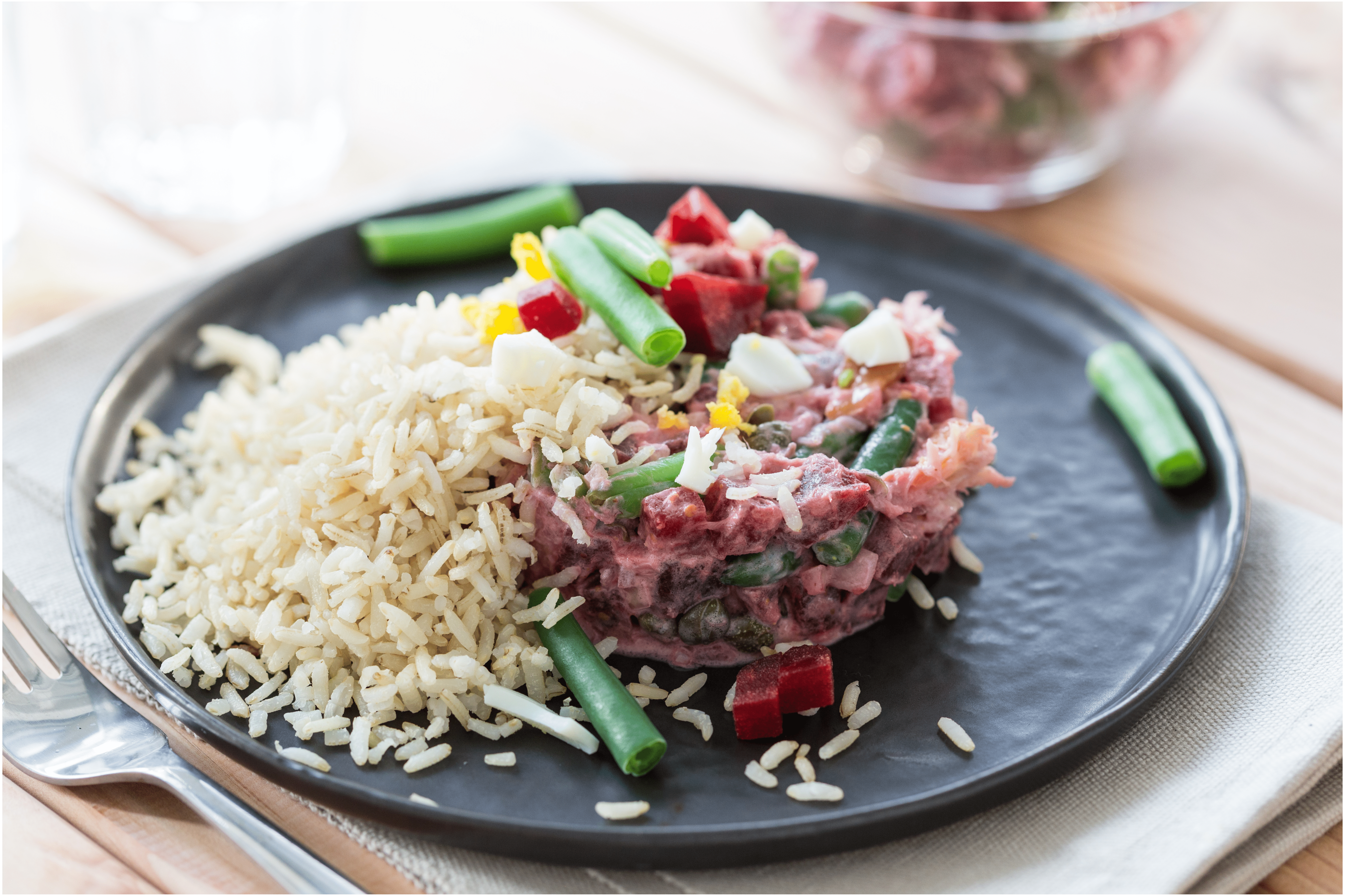 Makreelsalade met bietjes en zilvervliesrijst