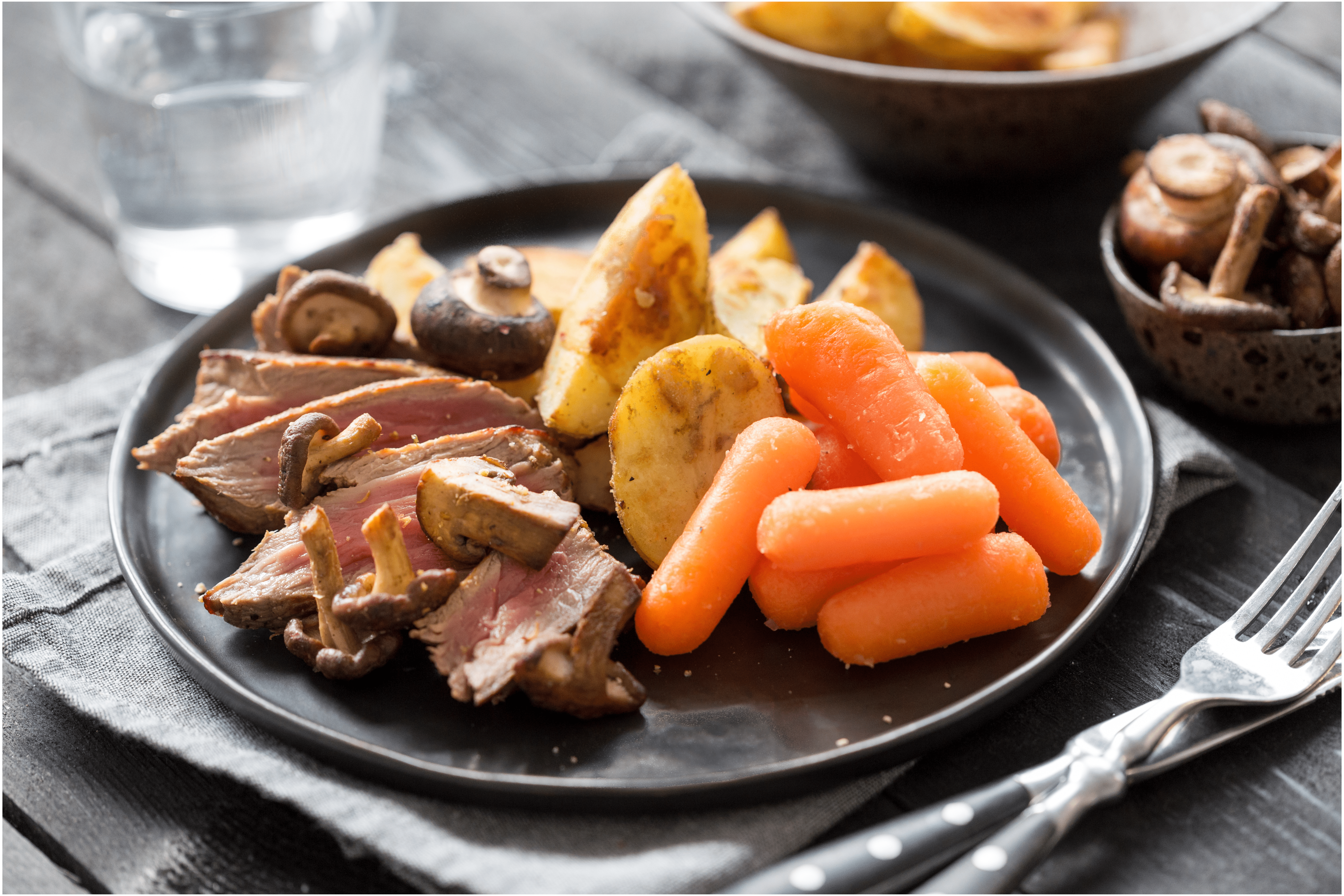 Biefstuk met champignons en gebakken aardappelen