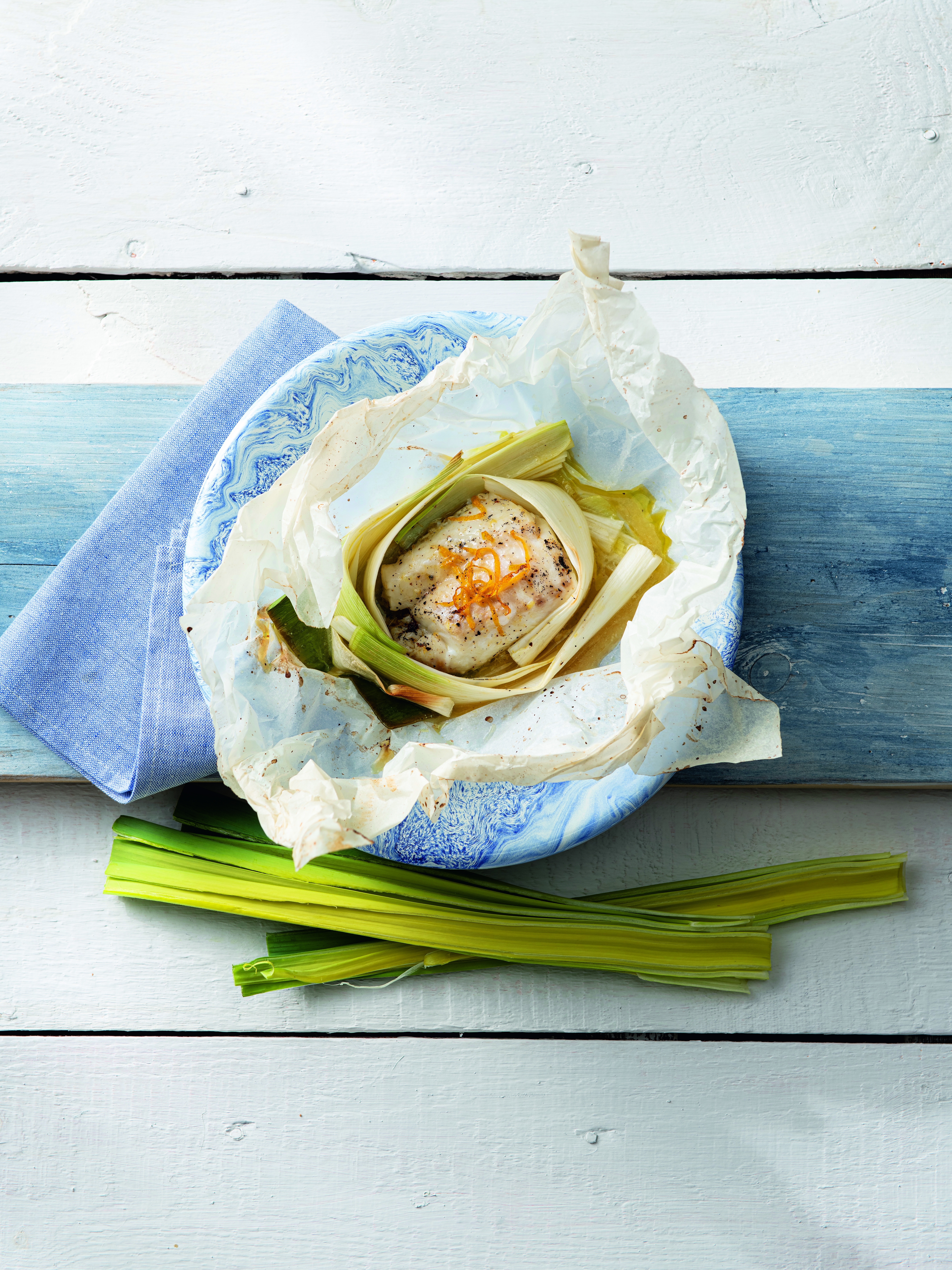 Kabeljauw in prei met vanillesinaasappelaroma