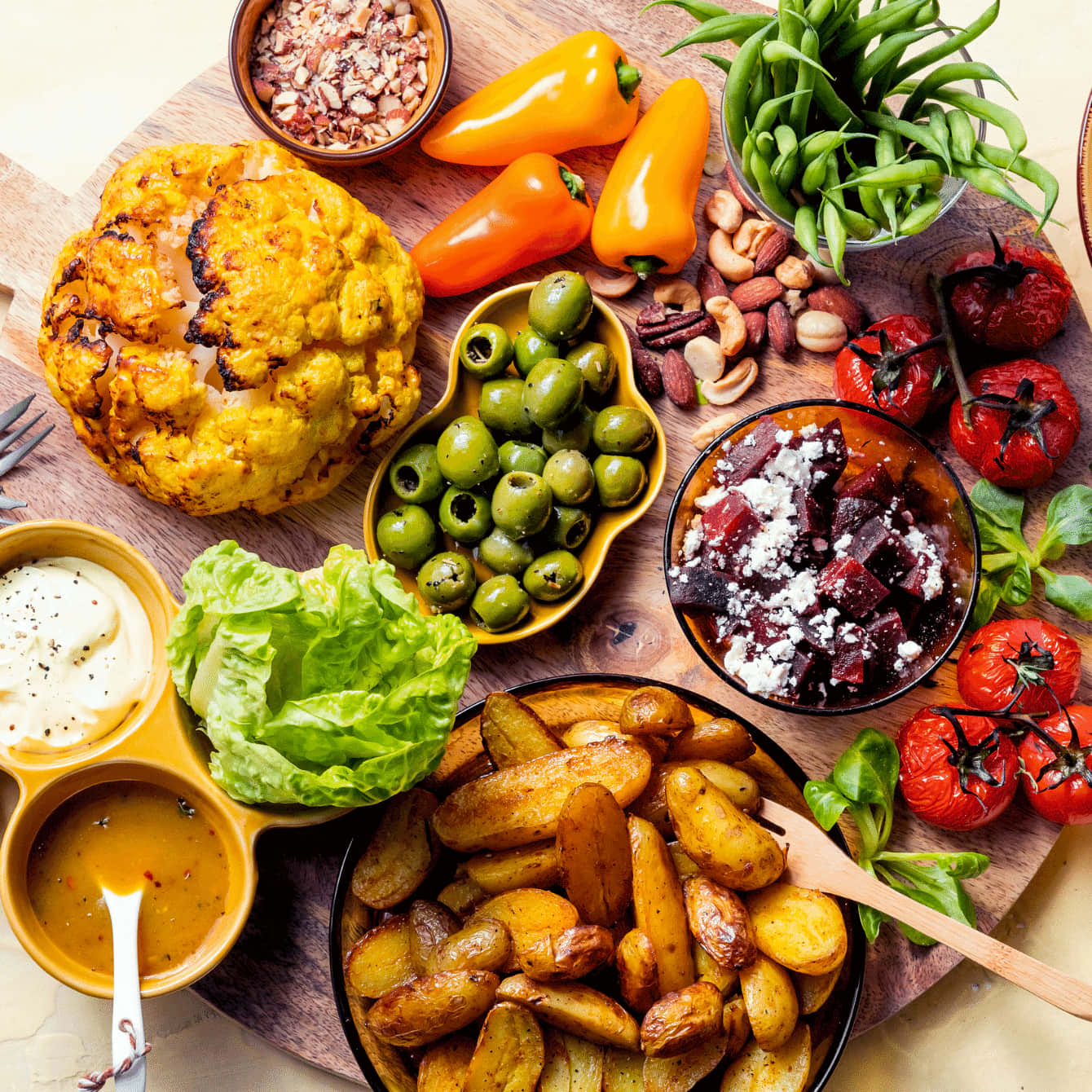 Vegaplank: Geroosterde bloemkool met kerriecrème, amandelen en gepofte tomaatjes en ovenkrieltjes