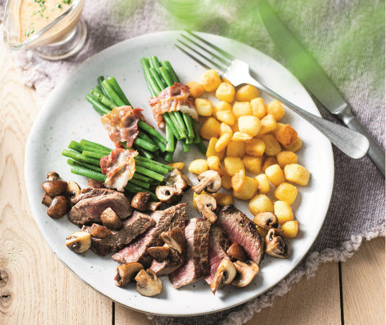 Gebakken biefstuk met champignons en gebakken krieltjes