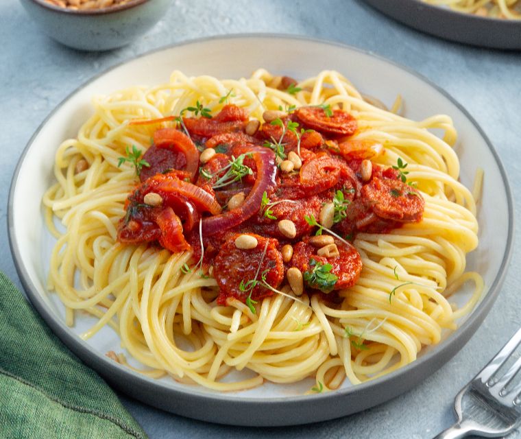 Pittige spaghetti met chorizo