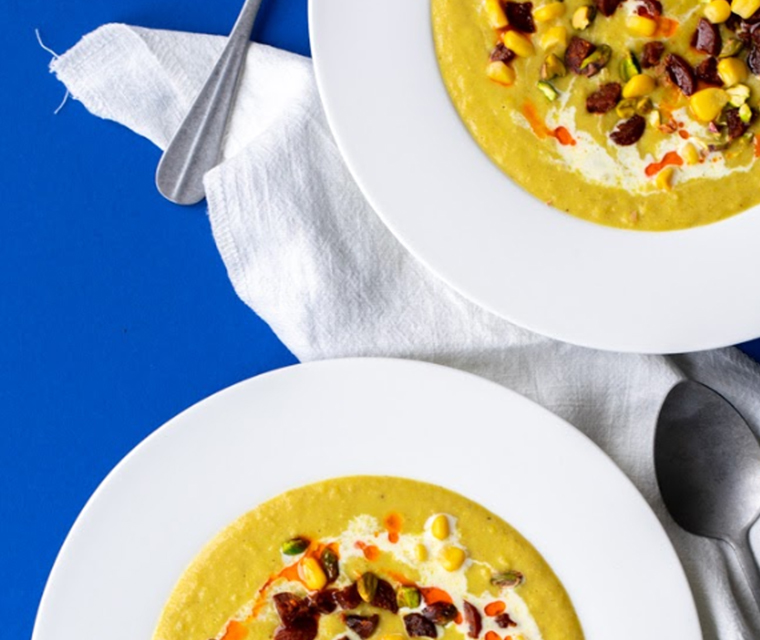 Maissoep met chorizo en pistache van Annie Pannie