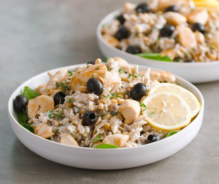 Pastasalade met kip en citroen-mascarponesaus,