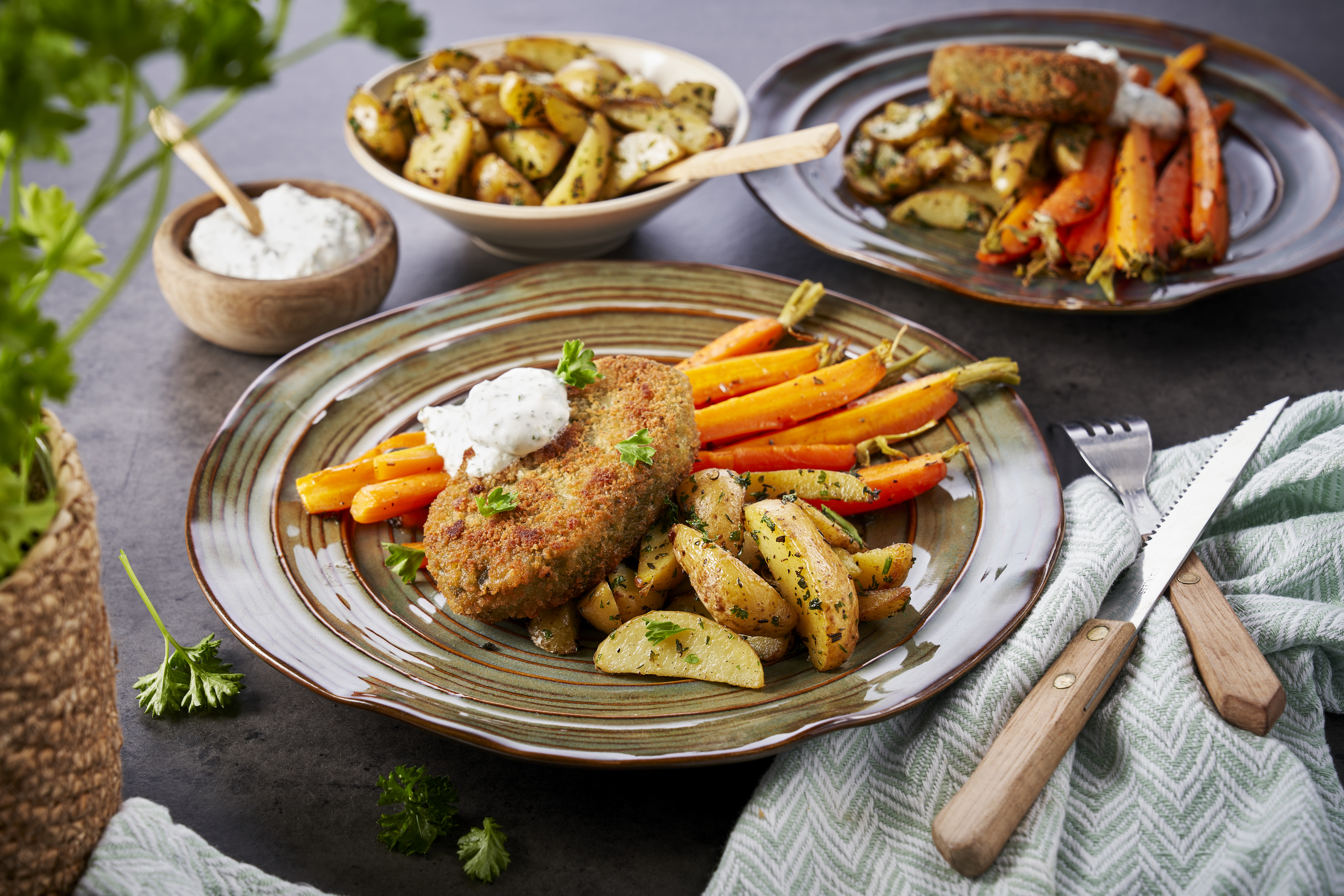 Rondo met bospeen en knoflookaardappeltjes