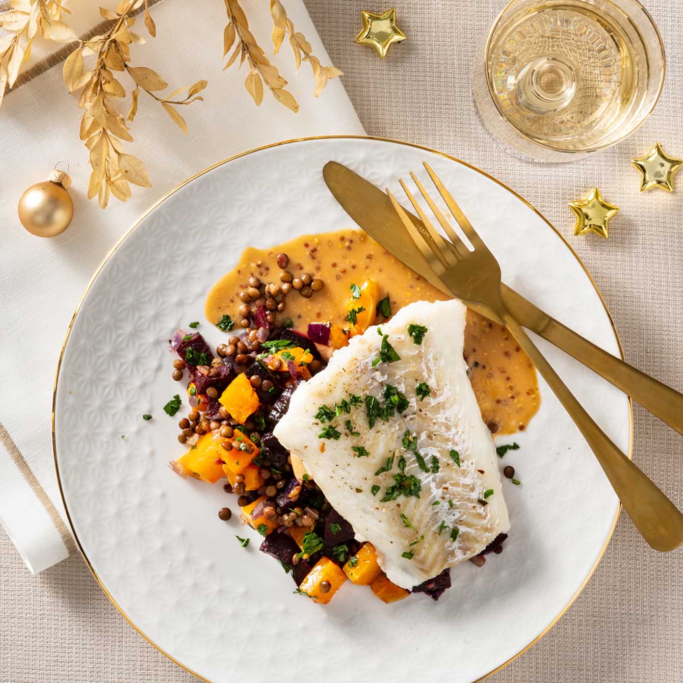 Kabeljauw op lauwwarme linzensalade