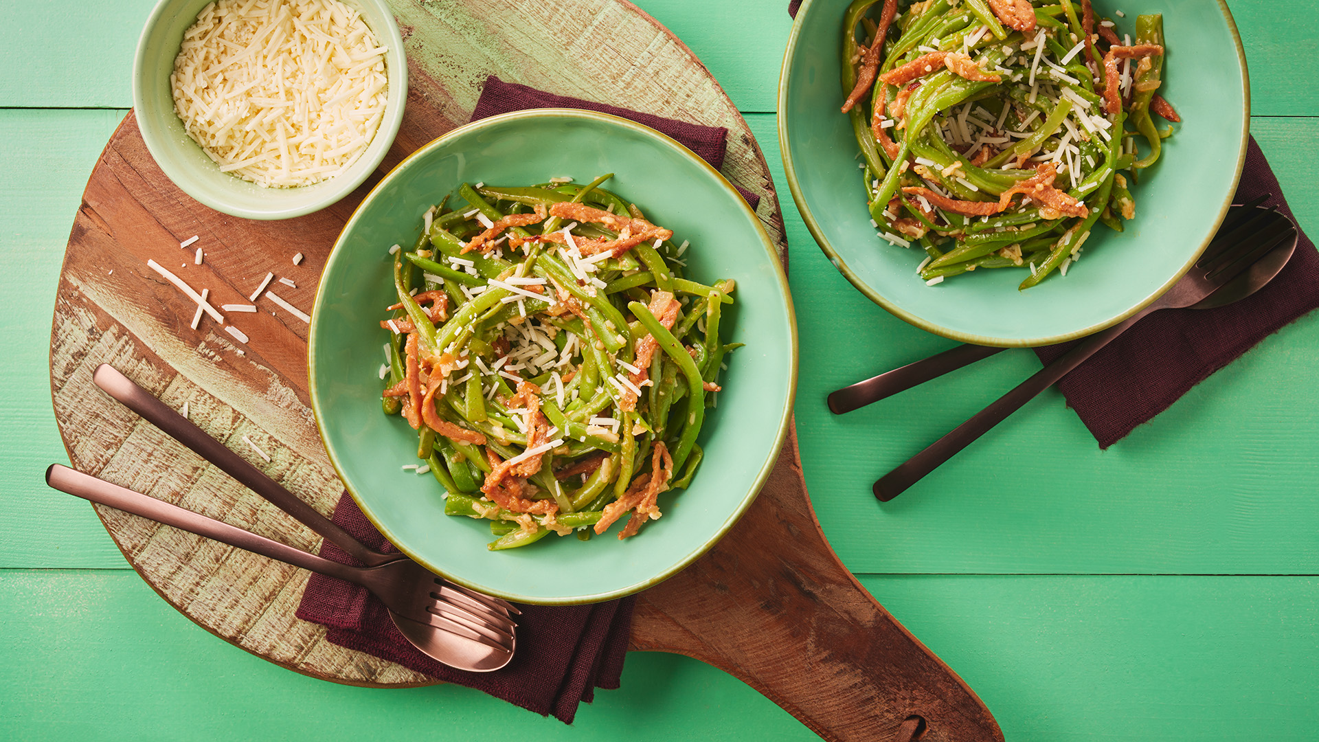 Vegetarische snijboon-spaghetti carbonara