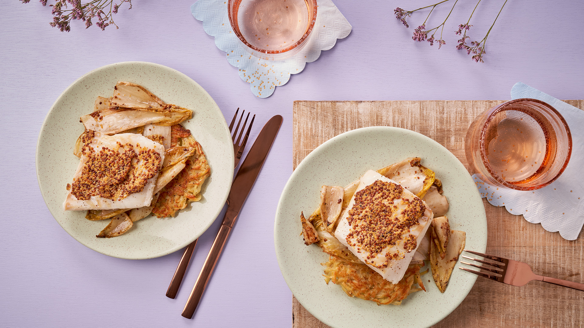 Roergebakken witlof met gebakken kabeljauwfilet en zelfgemaakte rösti
