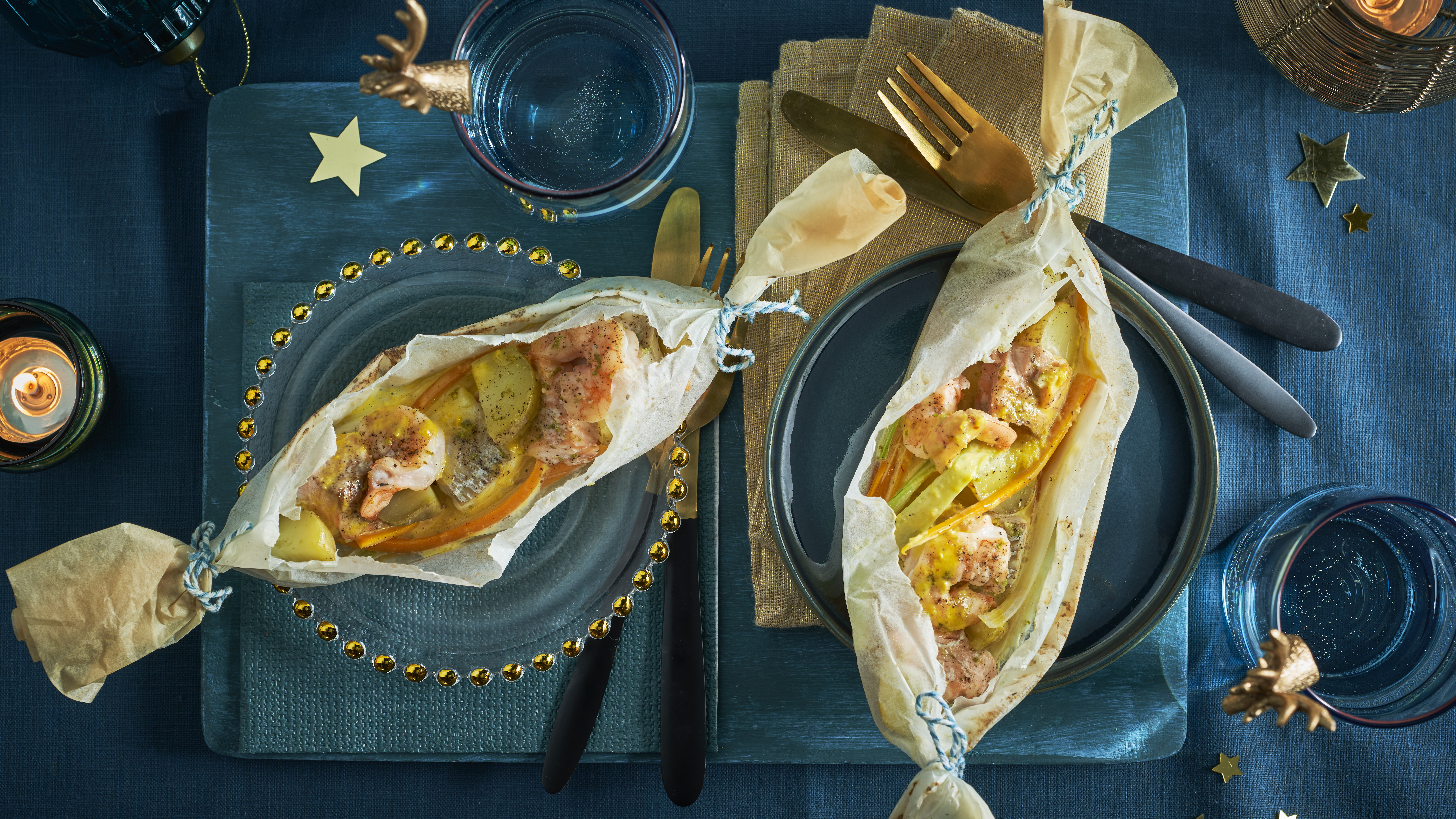 Papillotte van zalm, kabeljauw en gamba’s met fijne groente