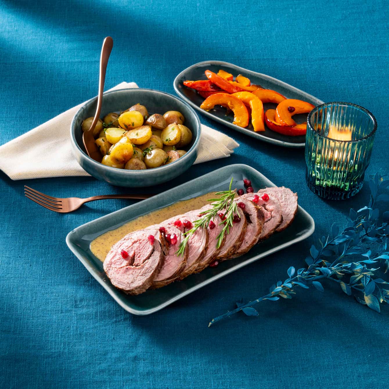 Rollade met Marokkaanse rub, geroosterde pompoen en gebakken krieltjes