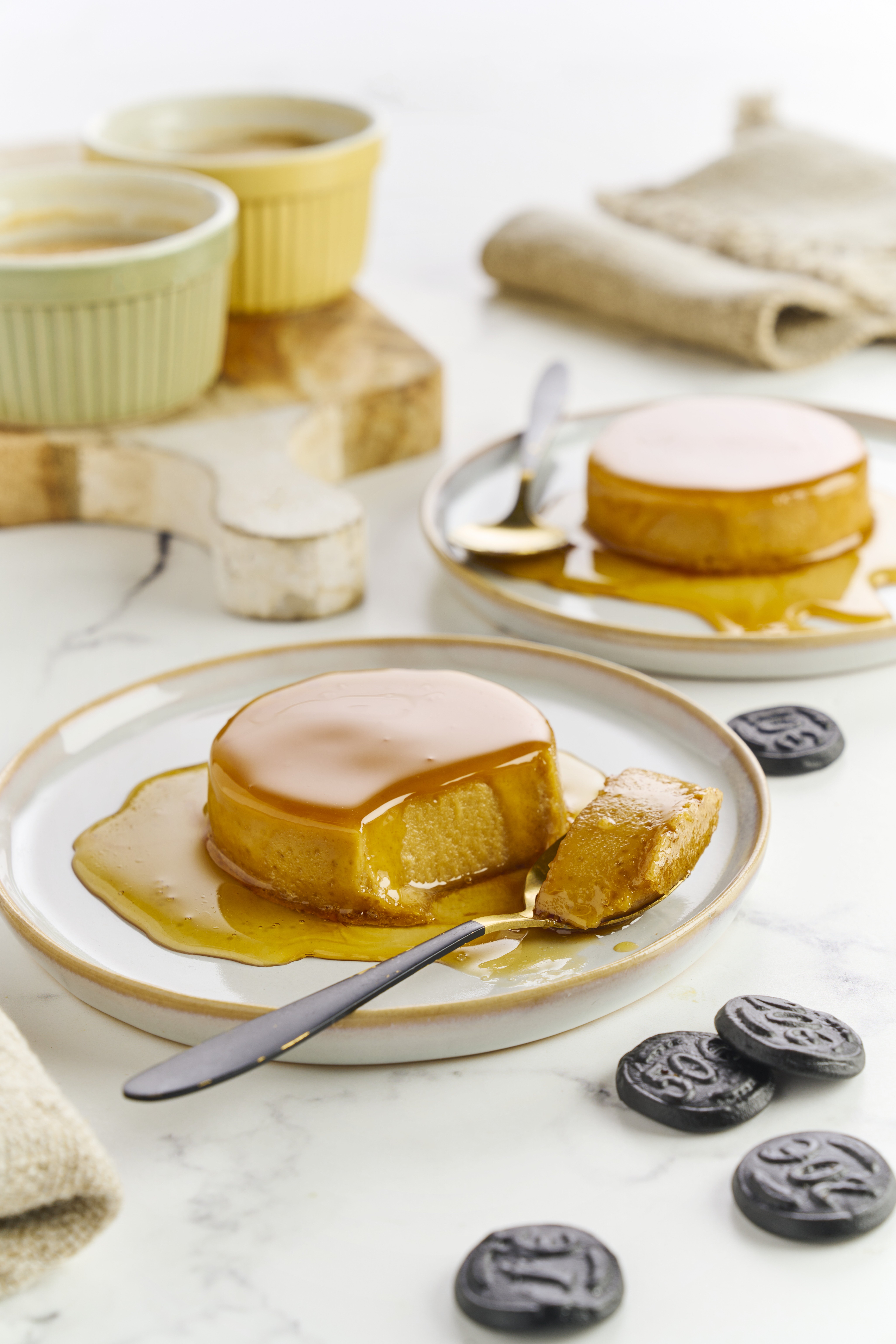 Crème caramel met muntdrop