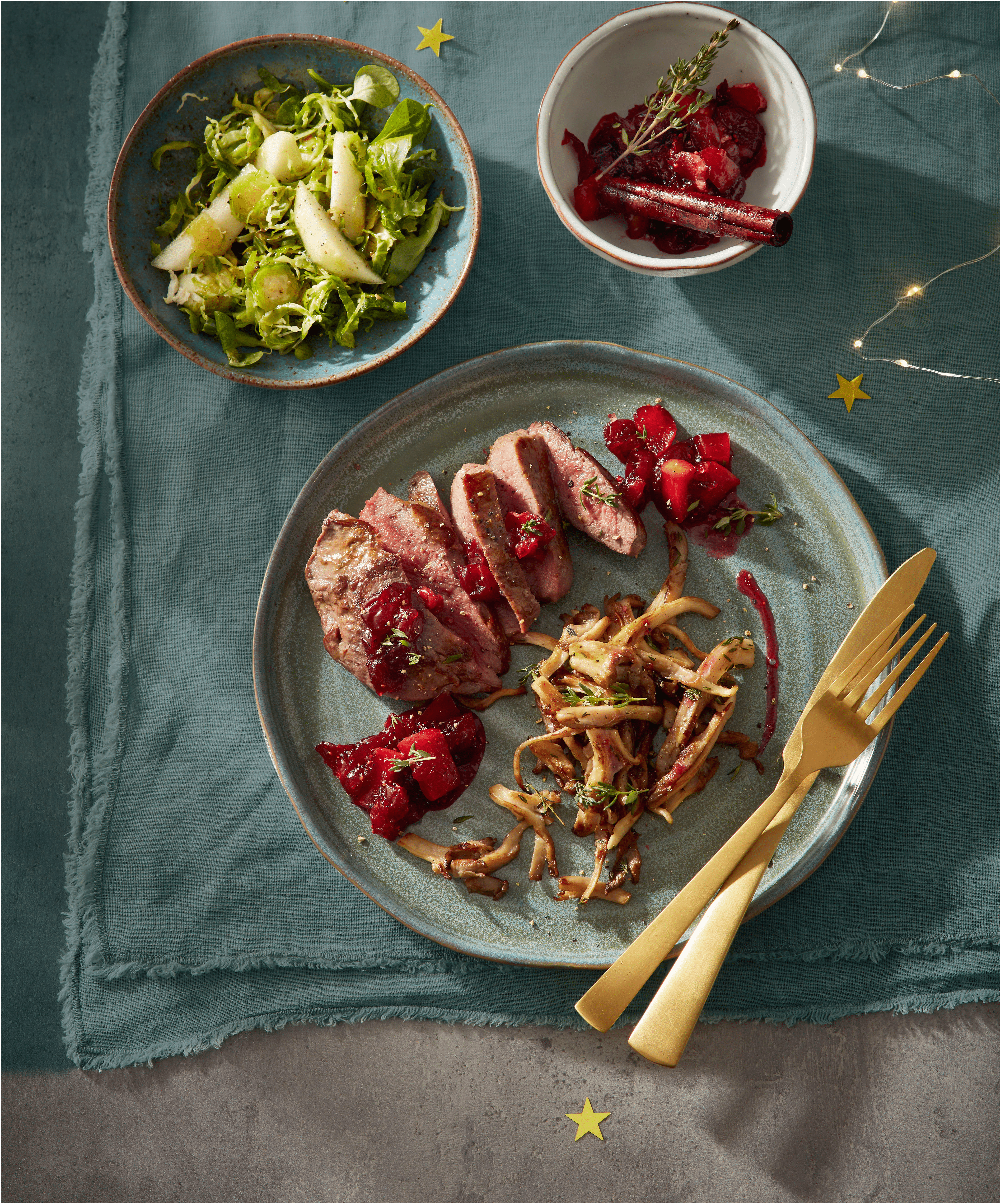 Hertenbiefstuk met oesterzwam en cranberrysaus