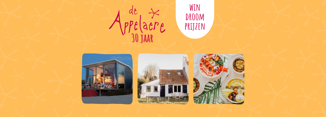Logo van Appelaere met te winnen prijzen: strandhuisje, overnachting en gerechten.