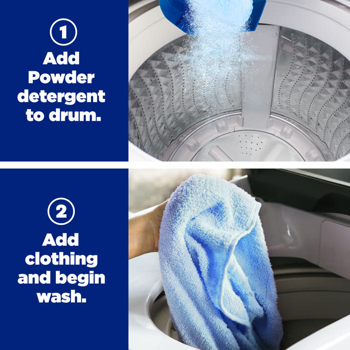 add poder detergent to the drum and clothing and begin washing