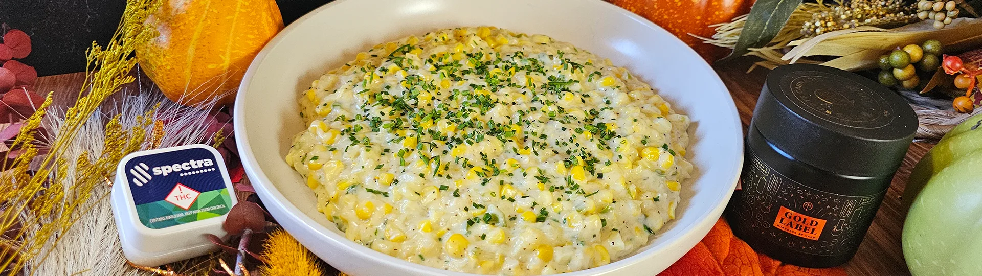 Beautiful Danksgiving image showing Infused Creamy Corn with Shallots and Jalapeño, Spectra and Native Roots Gold Label with fall leaves. 