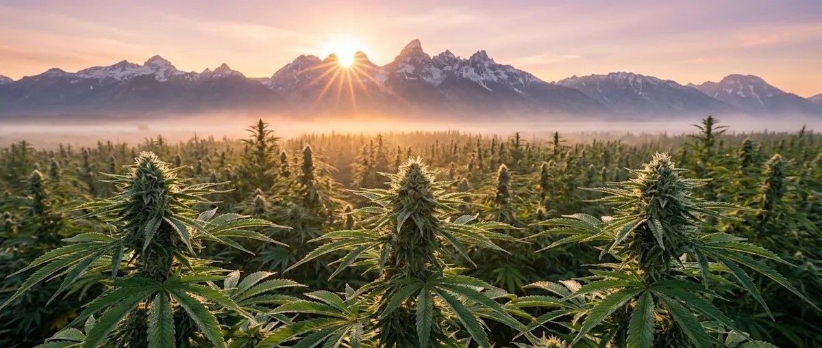 Cannabis field with sunrise over snow capped peaks banner