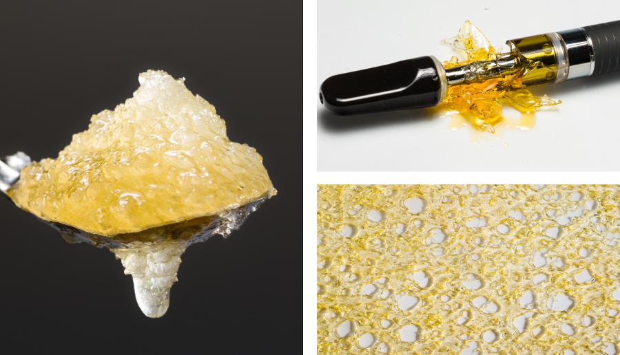 Collage of Native Roots concentrates including Live Resin on a spoon, vaporizer and a slab of shatter