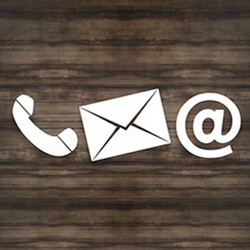 An illustration of an the handset of a rotary phone next to an illustration of an envelope, next to the at symbol