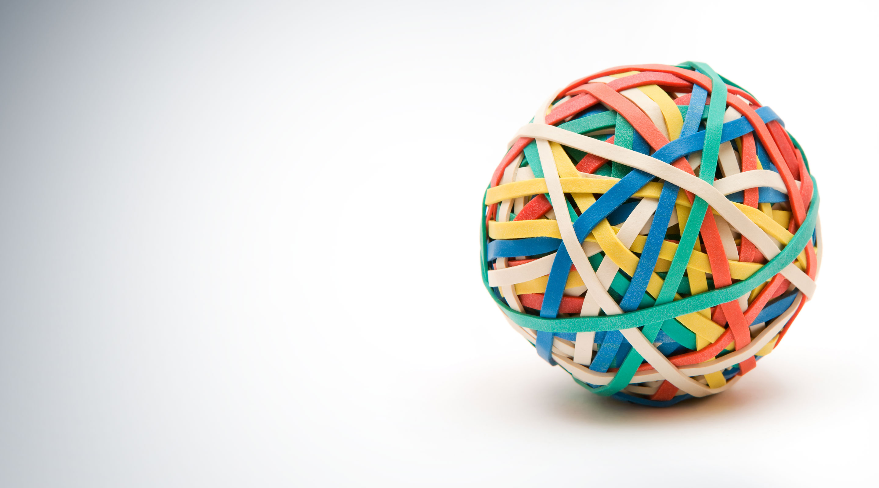 A multi-colored rubber band ball