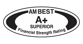 AM Best A+ Superior Financial Strength Rating logo in black and white oval design