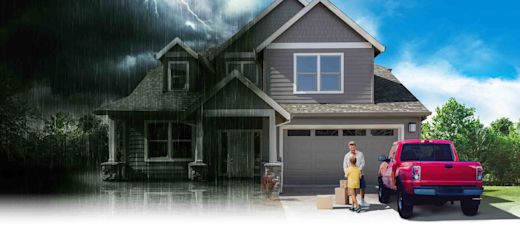 A before-and-after scene in which a father and son move boxes back in after their house suffers from a catastrophic flood