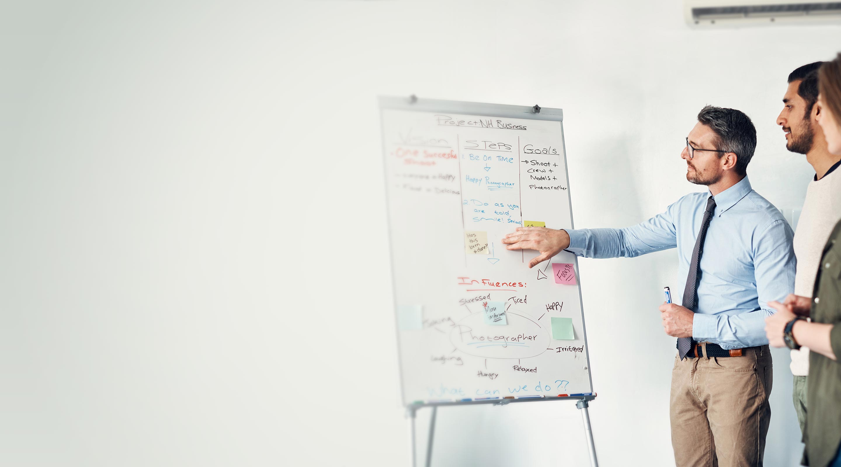 3 coworkers discuss business plans written on a whiteboard