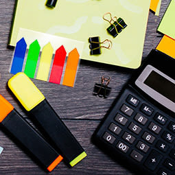 Colorful office supplies on a desk
