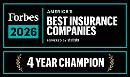 Forbes 2026 America's Best Insurance Companies award badge with 4 Year Champion designation on dark background with teal accents