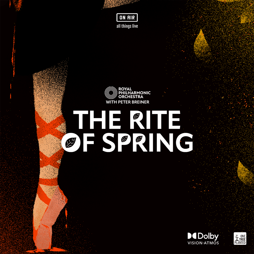 Rite Of Spring square artwork featuring a ballet dancers leg advertising the Royal Philharmonic Orchestra's global livestream performance of Igor Stravinsky The Rite Of Spring with conductor Peter Breiner - no date