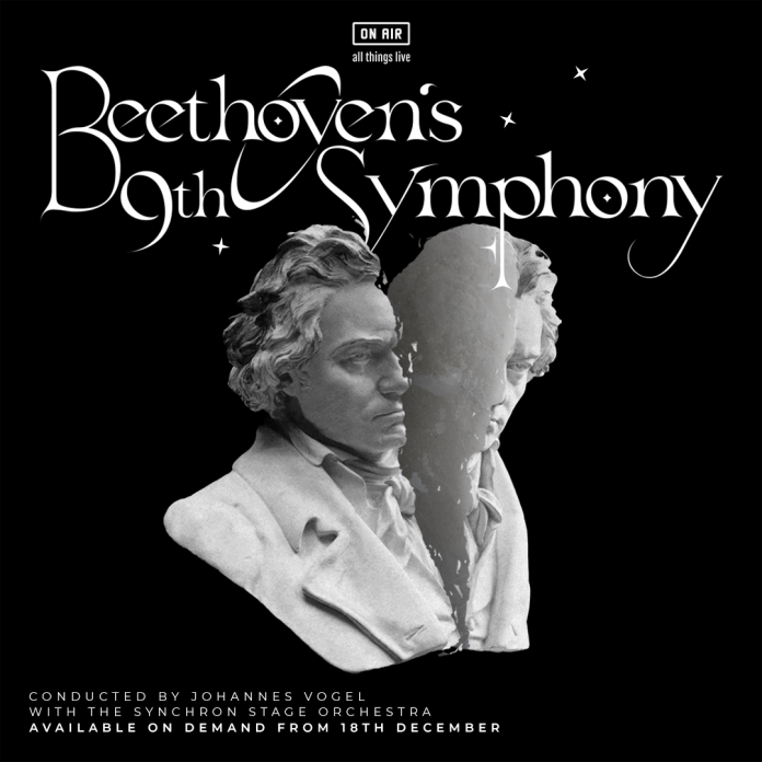 Bust of Beethoven's head split down the middle advertising the On Air live stream performance of 'Symphony No. 9'