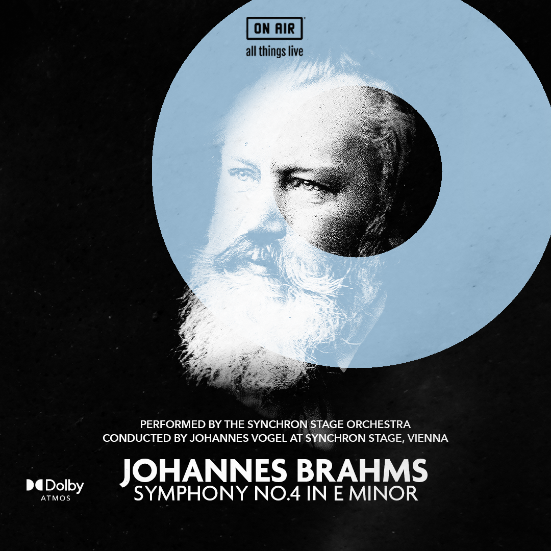 Johannes Brahms looking through a blue circle on the cover artwork for the live concert stream of Symphony No. 4 in E minor