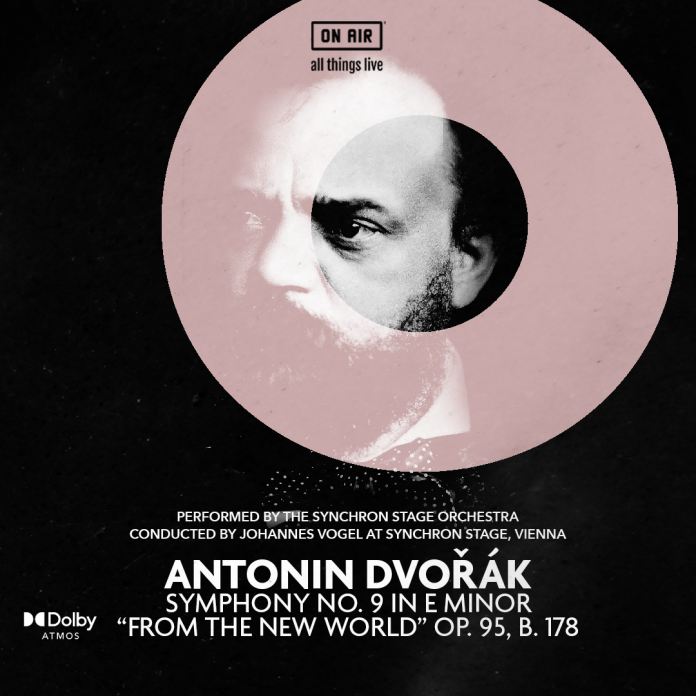 Antonin Dvorak looking through a pink circle on the artwork for a live concert stream of Symphony No. 9 in E minor "From the New World"