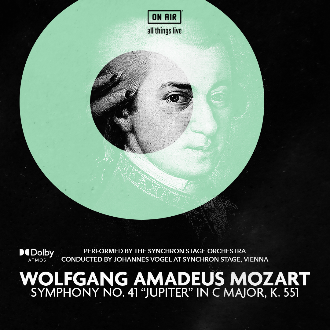 Wolfgang Amadeus Mozart peering through a green circle on the poster advertising the live concert stream of his Mozart's Symphony No. 41 in C major (Jupiter Symphony)