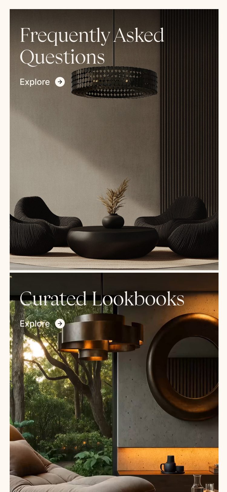 Frequently asked questions and curated lookbooks on mobile