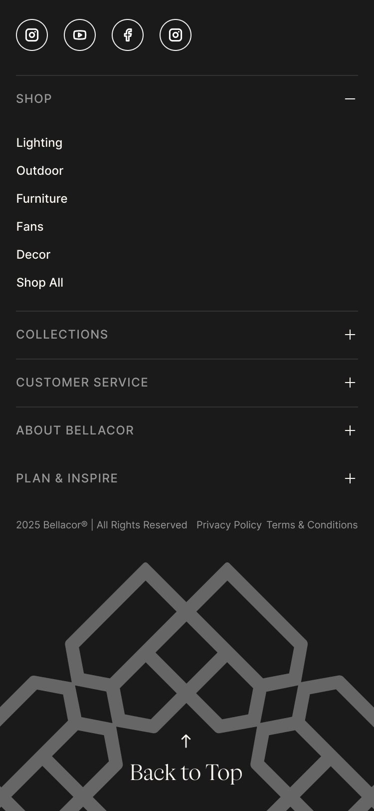 The Bellacor site menu on mobile