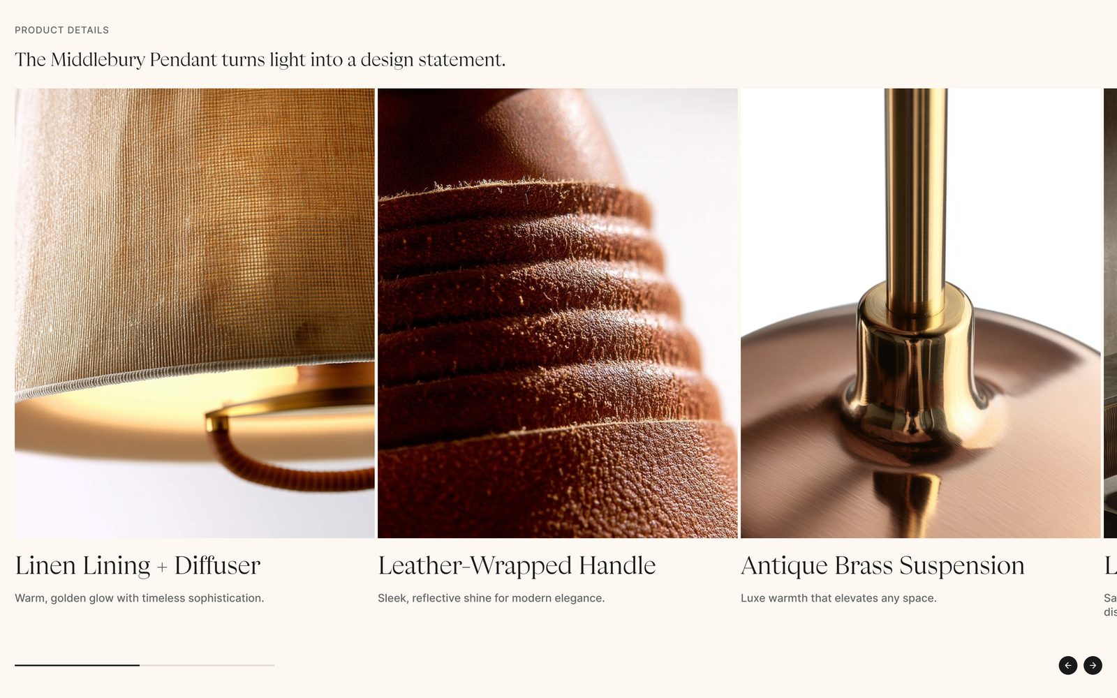 Material details — linen, leather and antique brass