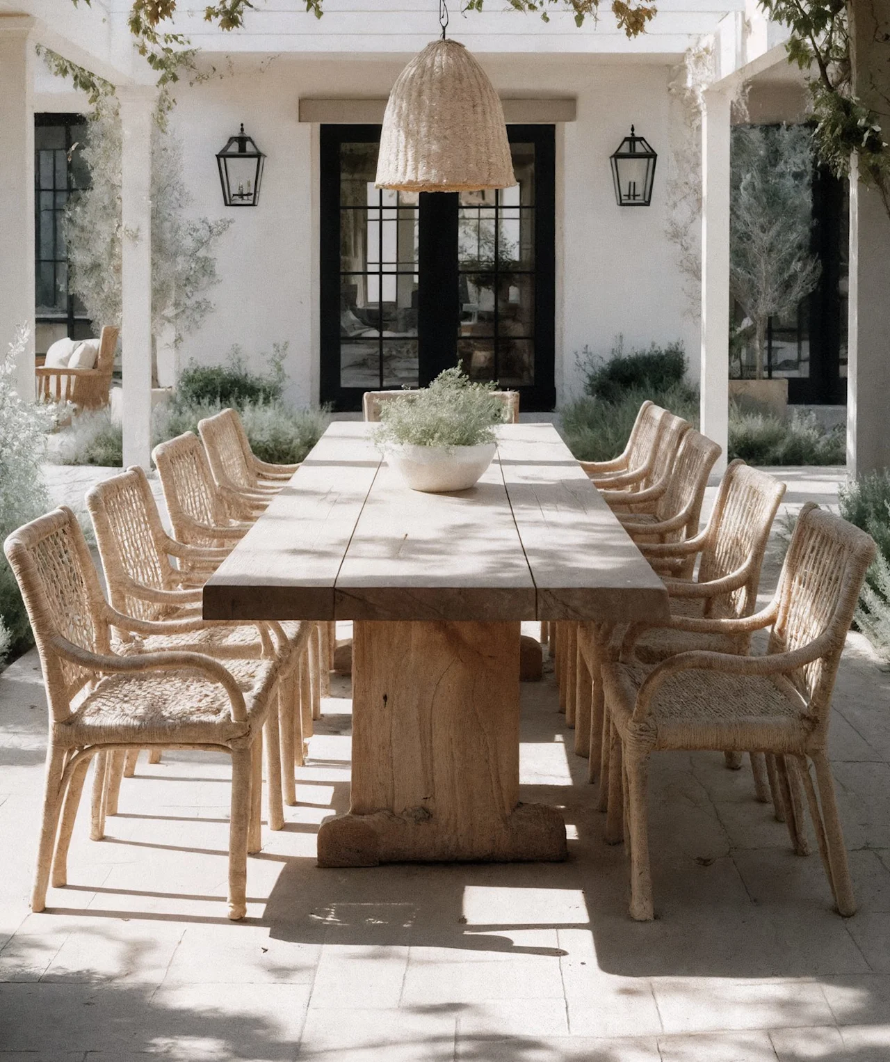 An outdoor dining table under a woven pendant