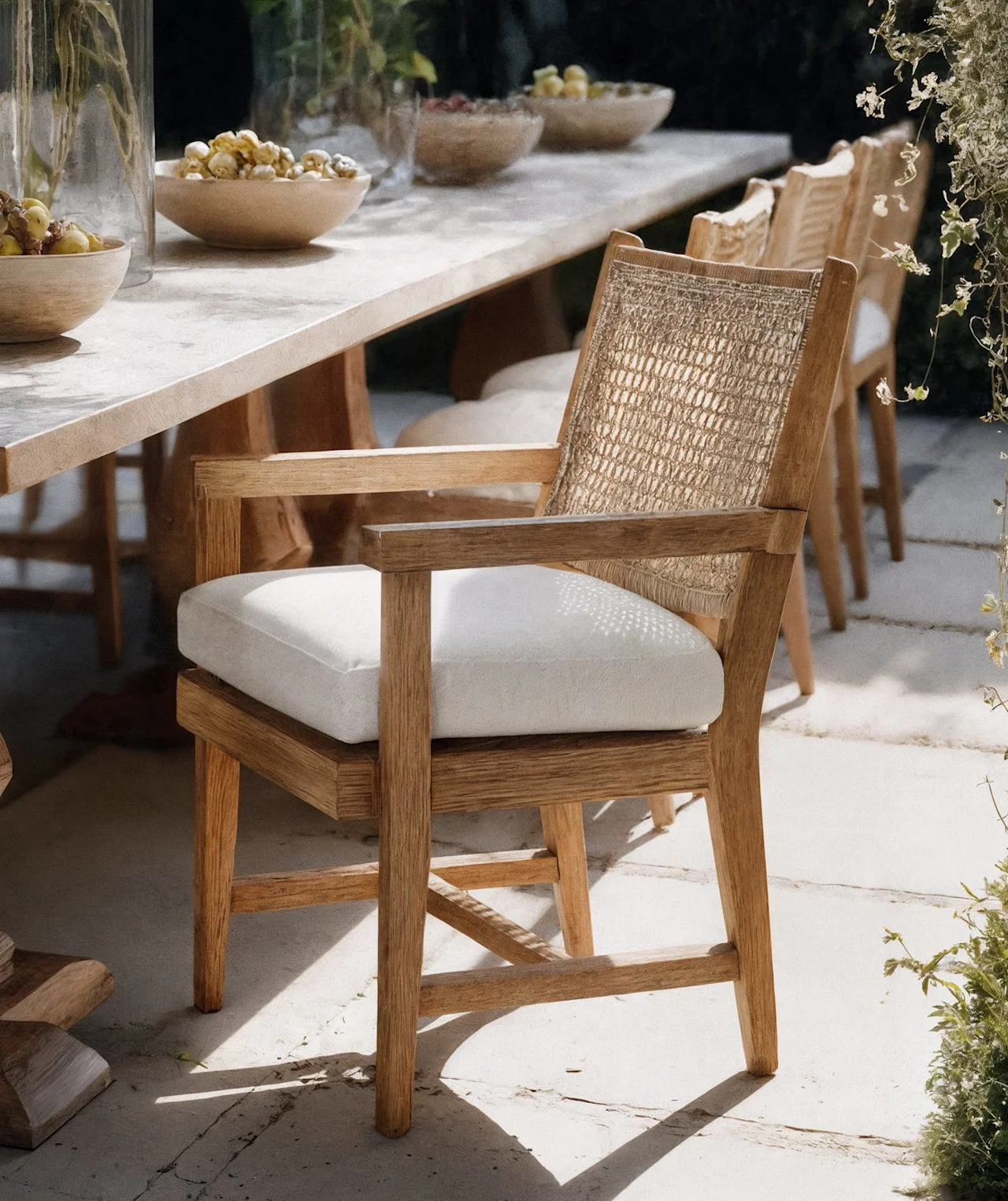 A woven-back teak dining chair on a stone terrace